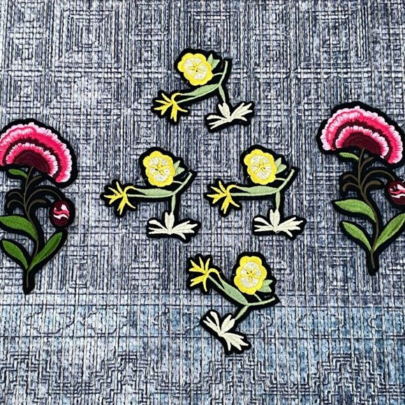 6 Iron On Patches Red and Yellow Flowers Patches for Craft Cloth Embroidery - Picture 6 of 9